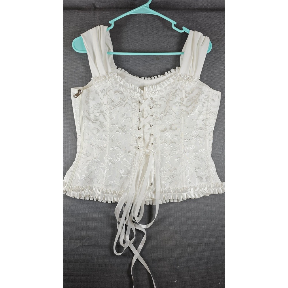 White Damask Corset Top Floral Jacquard Lace Up Ruffle Bustier Side Zip